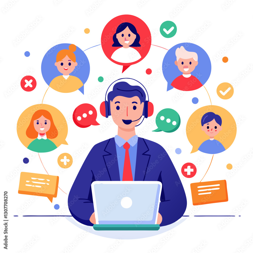 Poster a support agent engages with various clients, solving their issues while using a laptop. colorful ch