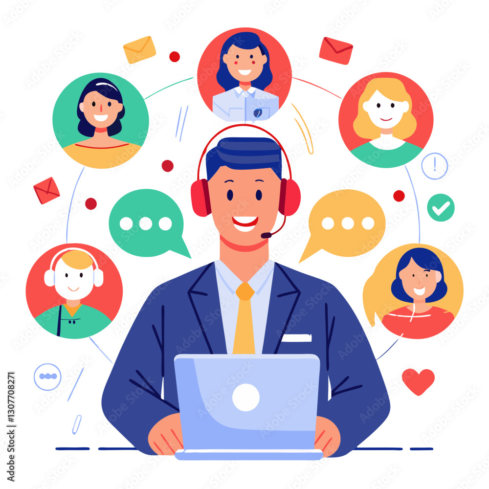 Poster a support agent wearing a headset interacts with various clients shown in colorful icons. the agent 