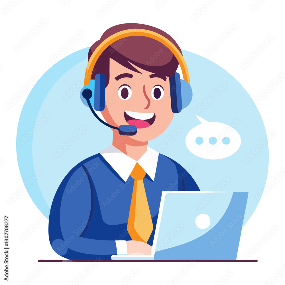 Poster a friendly support agent is assisting customers on a laptop while wearing a headset. the agent is sm