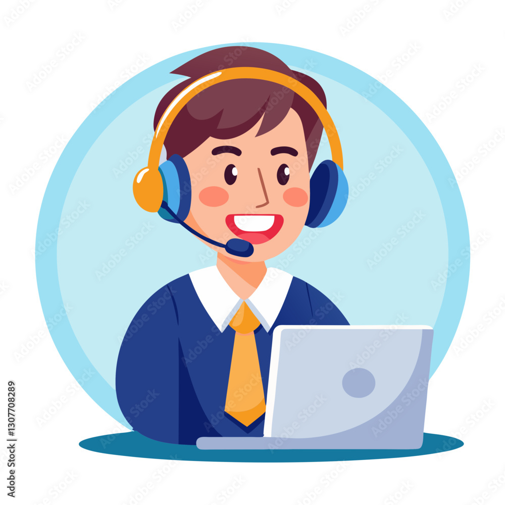 Poster a support agent is smiling while providing assistance to customers over the phone. they are seated a