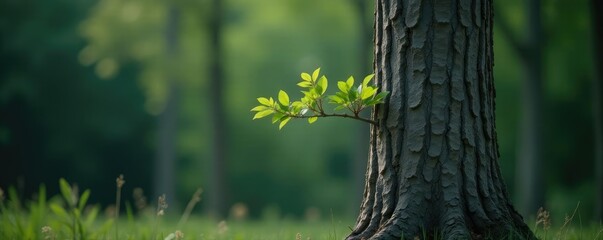 Fototapeta premium Single branch leaning against a grey tree trunk, silence, trunk, solitary
