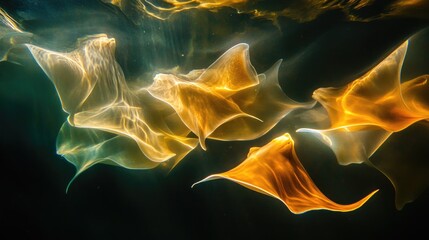 Obraz premium Enchanting underwater display of radiant glowing stingrays in motion