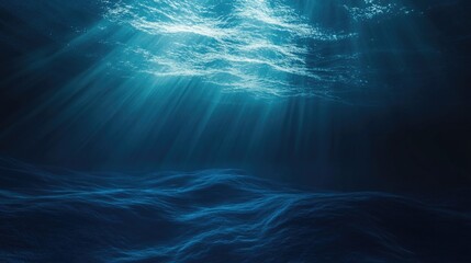 Sunlit ocean waves underwater scene with light rays