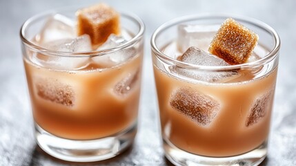 Delicious cocktail with ice and sugar cubes in stylish glasses.