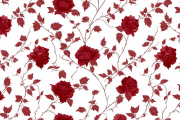 Seamless dark red rose pattern on white background, ideal for textile prints, wallpaper, or wrapping paper designs