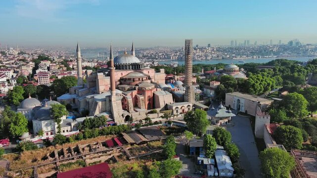 Istanbul, Turkey: Aerial view of largest Turkish city, famous historic landmark and museum Topkapi Palace (Topkapı Sarayı), sunny summer day - landscape panorama of Europe / Asia from above
