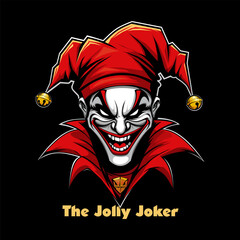 Evil jester with a sinister grin, wearing a red hat with bells. The Jolly Joker, dark and gothic style vector illustration