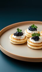 Caviar and blinis plate offers a luxurious taste experience with creamy creme fraiche and rich seafood flavor