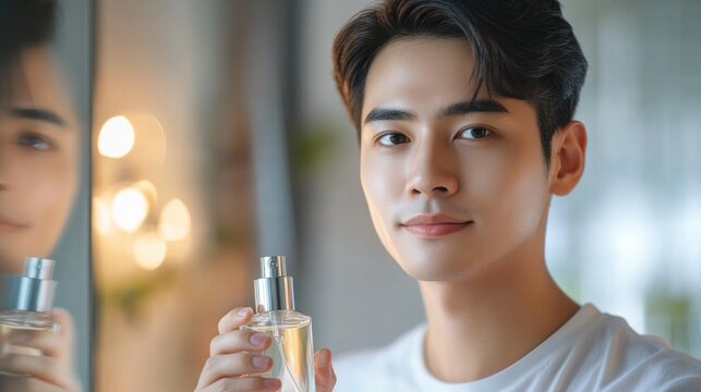 Asian young adult male holding perfume bottle with soft focus background - Powered by Adobe