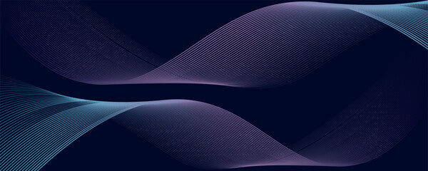 Dark abstract background with glowing wave. Shiny moving lines design element. Modern purple blue gradient flowing wave lines. Futuristic technology concept. Vector illustration