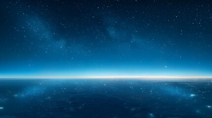 blue background of starry night sky and horizon of planet earth