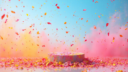 Spring Holi bloom: A podium nestled amidst colorful flower petals and splashes of vibrant powder, with a serene backdrop of blue skies and drifting festive colors, ad, podium platform, product present