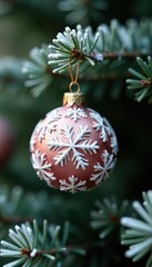 A delicate snowflake patterned Christmas ball clings to a branch of a frosted and bare Christmas tree, greenery, delicate, holiday