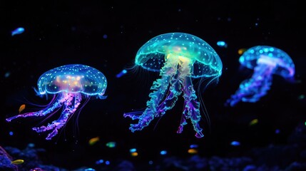 Glowing neon jellyfish in dark ocean underwater scene