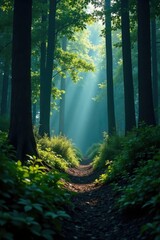 Obraz premium A dense thicket of bushes and twigs in a dark forest, shadows, silence, trees