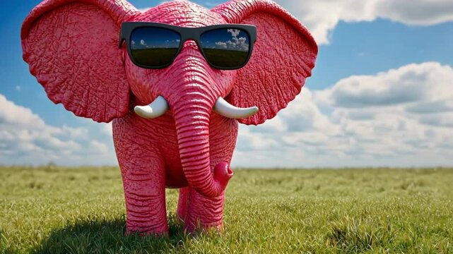 Pink elephant in sunglasses on grassy field, sunny day, whimsical, digital art, possible use for children's books, greeting cards, or advertising