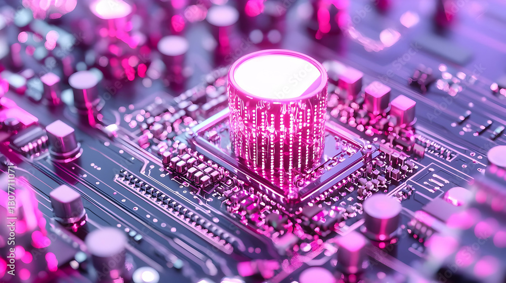 Poster futuristic circuit board with glowing processor and digital effects
