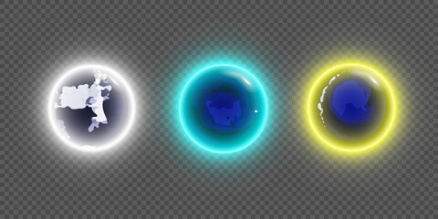 Glowing energy orbs with blue core and neon light effects in white, cyan, and yellow. Digital elements isolated on transparent background
