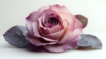 A single mauve rose is pictured against a white backdrop