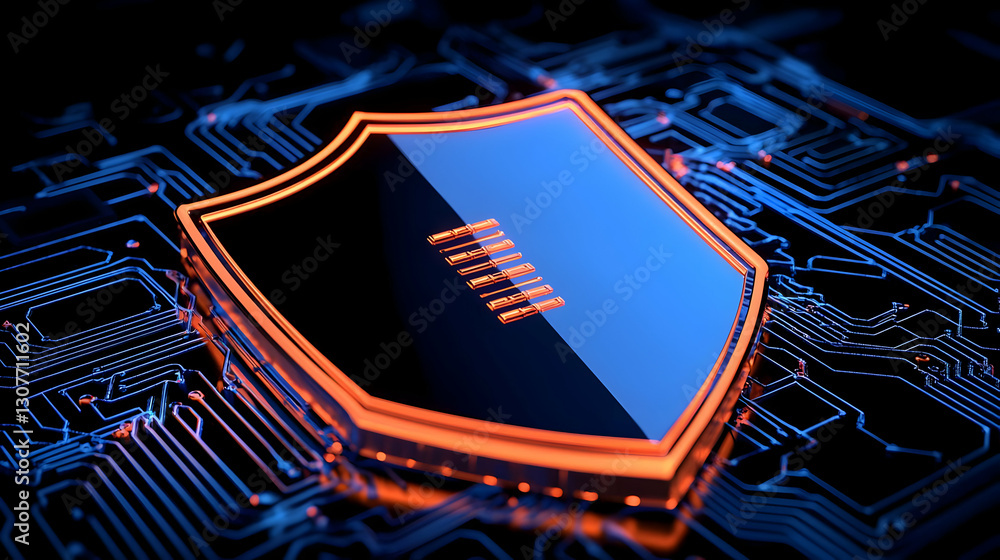 Poster digital shield icon representing cybersecurity and protection concepts