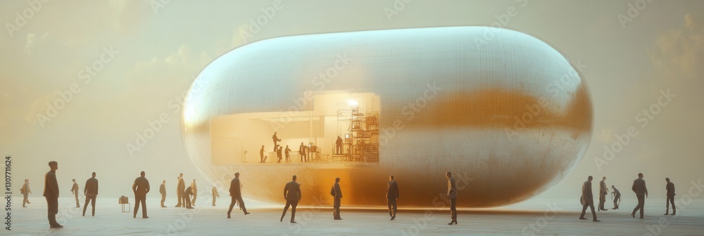 Poster engineers collaborate on a giant pill structure in surreal landscape under creative lighting generat