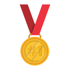Gold first medallion achievement metallic winning sign icon flat