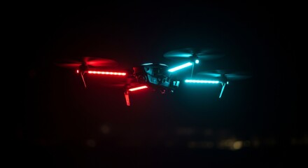 Drone Flight at Night with Bright Lights - Futuristic drone technology, illuminated flight, night , aerial view, technological advancement