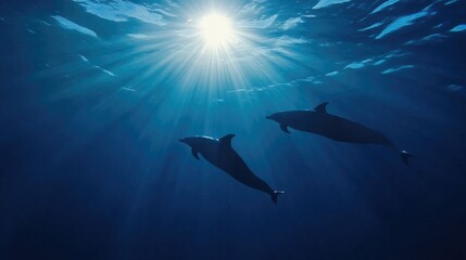 Obraz premium Silhouetted dolphins swimming gracefully under sunlit ocean waters