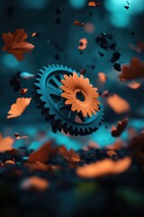Surreal Gear with Floral Design Among Floating Autumn Leaves