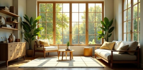 Soft sunlight filters through large window panes, wood furniture, furnishings, natural textiles