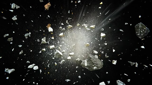 Explosive shattering of crystals captured in high-speed motion over a dark background