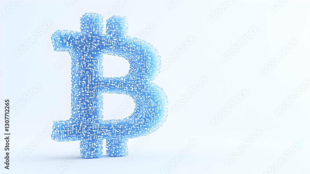 Poster digital bitcoin symbol made of pixels on a light background