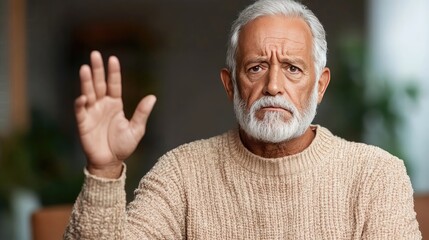 Senior Man in Sweater Raising Hand with Concerned Expression Indoors