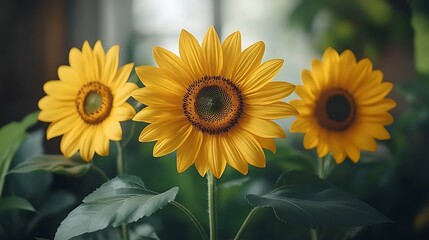 Obraz premium A sunflower with a dark brown center and yellow petals stands tall