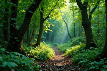 Naklejka premium Dense thicket of vines and branches in a forest clearing, shrubs, foliage, forest