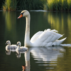 Mother swan gliding gracefully with her three fluffy cygnets on a serene lake in the early morning light