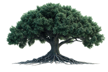 Large tree with dense foliage and exposed roots showcases natural beauty in serene environment