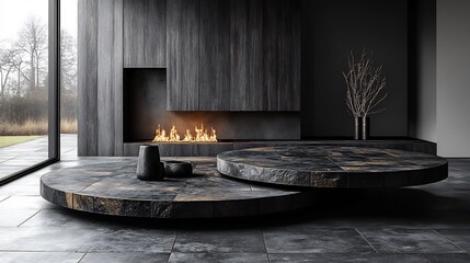 Fototapeta premium Modern minimalist living room features sleek dark stone coffee tables warming fire ambiance. AI Generated