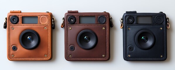 Vintage Style Instant Cameras in Different Colors on White Background