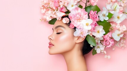 Asian female with floral headpiece on pink background