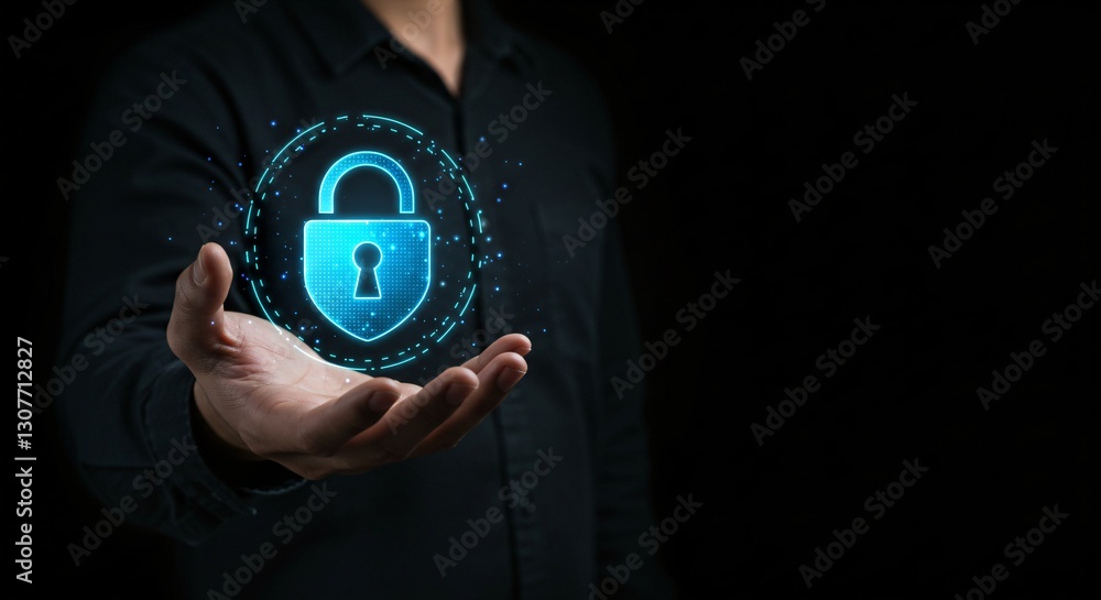 Poster man holds digital lock in palm representing online security. data encryption, network safety and pri
