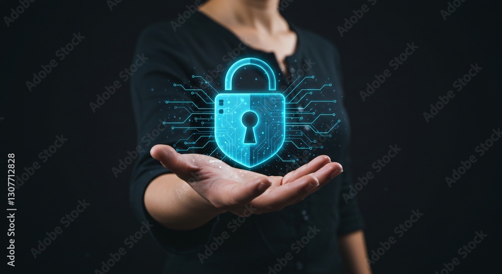 Poster woman presenting digital cybersecurity padlock hovering above hand. online data encryption and netwo