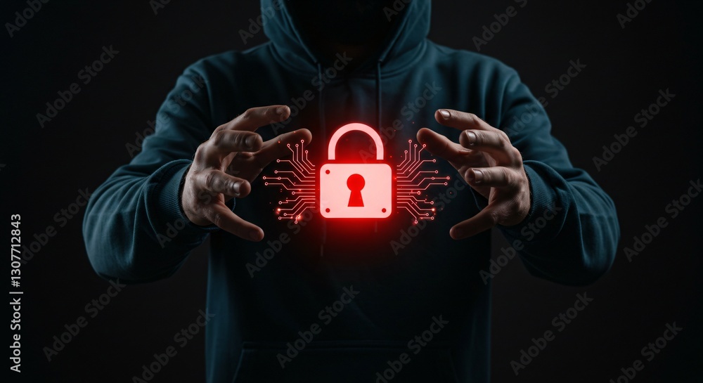 Poster man in hood holding glowing lock for data protection & cyber security. prevention of data theft & ha