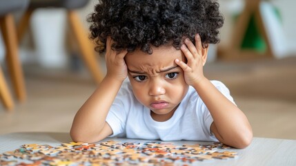 African child frustrated with puzzle pieces on table