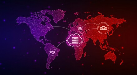 Global network connecting continents by cloud storage. Worldwide data sharing and international collaboration futuristic digital tech banner with purple and red