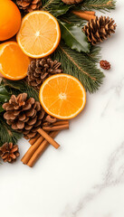 Obraz premium Festive citrus & pine arrangement on marble; ideal for holiday cards or seasonal blogs
