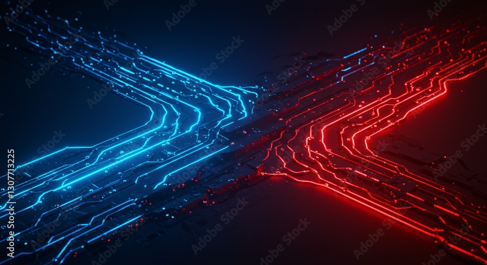 Poster dueling network circuits in blue and red symbolizing tech rivalry, digital competition, data streams