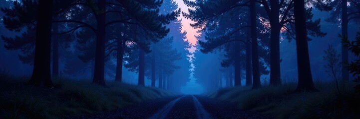 Fototapeta premium Dense forest twilight shadows deep blues purples and greens, trees, twilight, dark