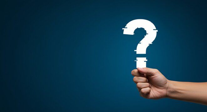 Hand holding digital glitch question mark, uncertainty concept. Solution search, decision making. Ask questions for learning & knowledge discovery