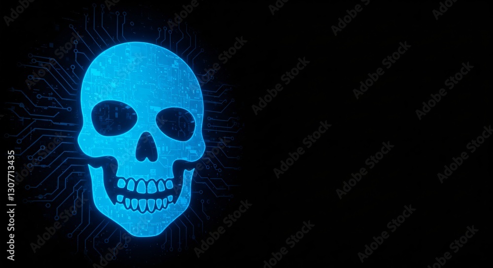 Poster glowing blue skull with circuit board pattern. digital threat concept. cybersecurity risk with techn